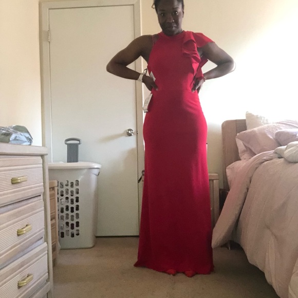 Betsy and Adam One Shoulder Red Halter Gown - Picture 7 of 7